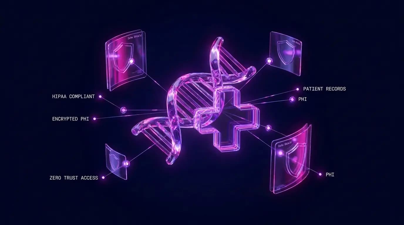 Abstract healthcare data visualization with medical icons, network nodes, and flowing teal pathways